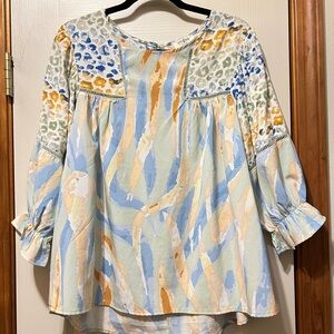 Umgee Blue and Orange Patterned Blouse